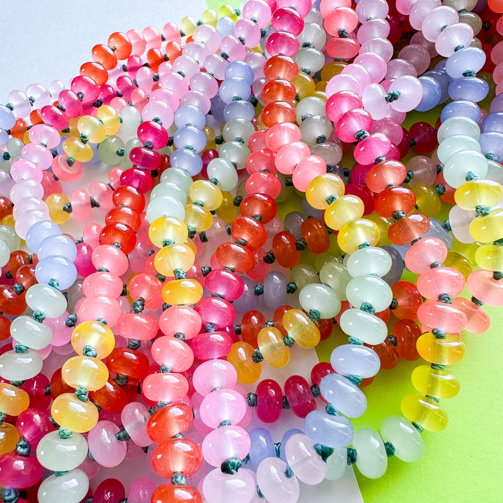 8mm Rainbow Candy Smooth Dyed Jade Rondelle Long Knotted Loop