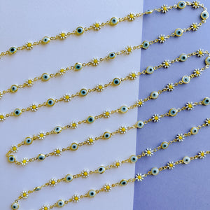 7mm Enamel Daisy Evil Eye Gold Chain (Light)