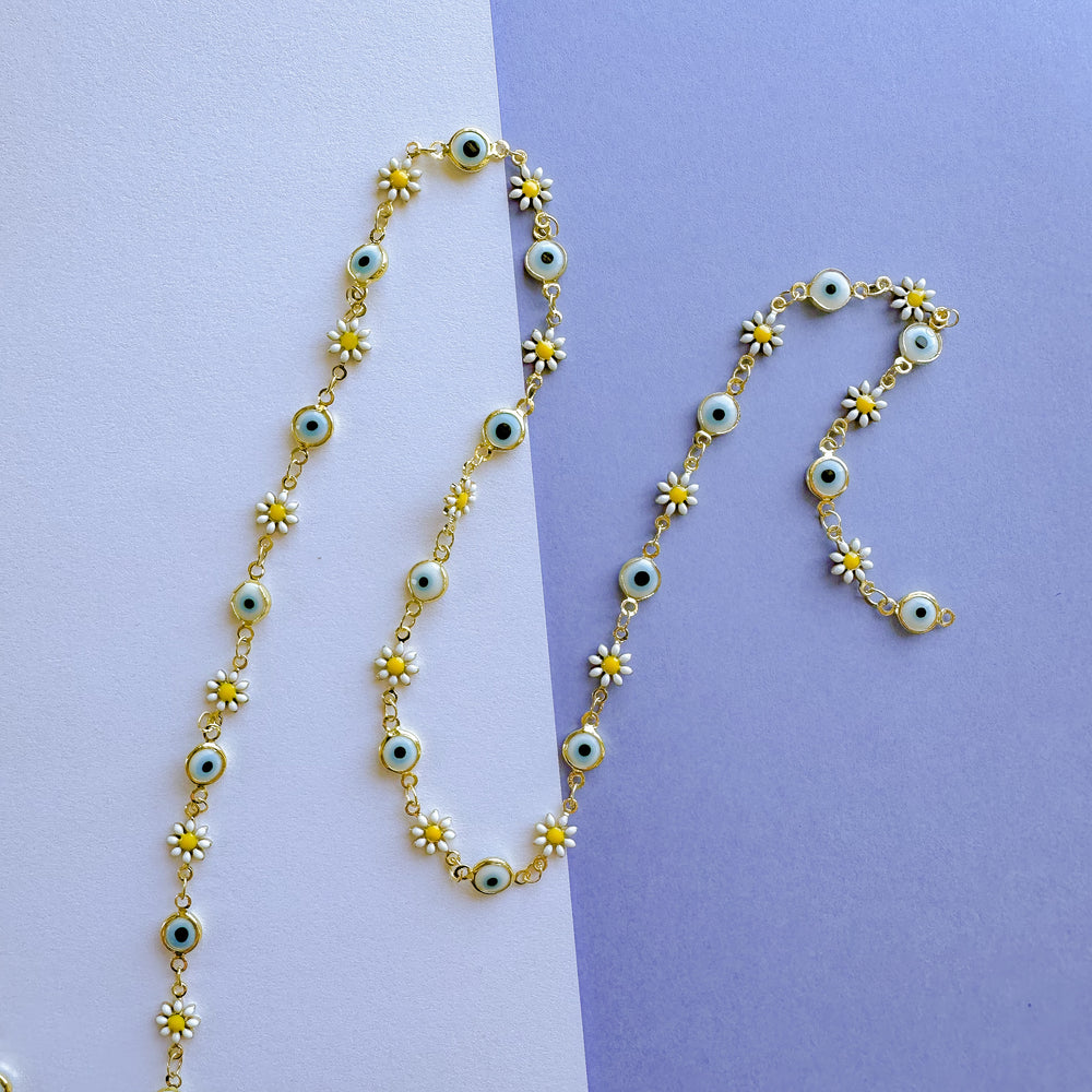 7mm Enamel Daisy Evil Eye Gold Chain (Light)