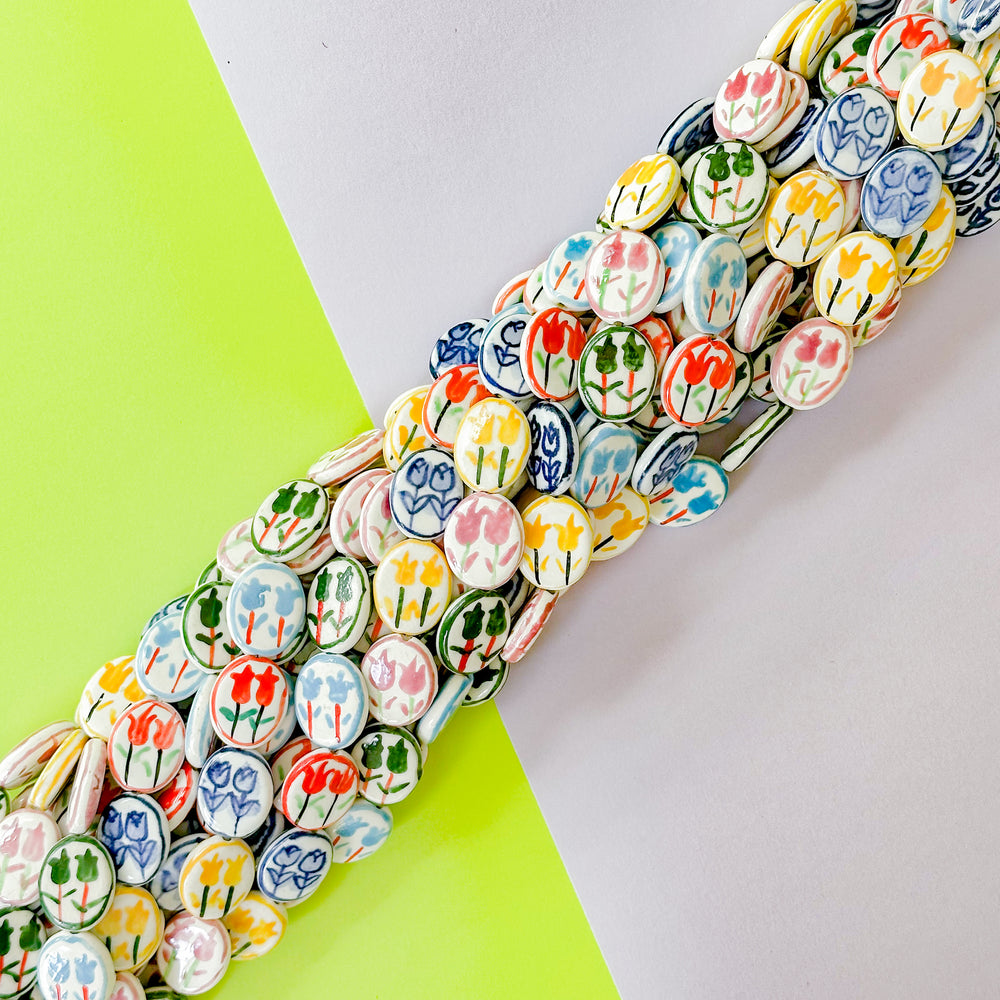 15mm Hand Painted Porcelain Tulip Flat Oval Strand
