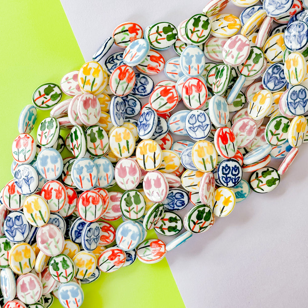 15mm Hand Painted Porcelain Tulip Flat Oval Strand
