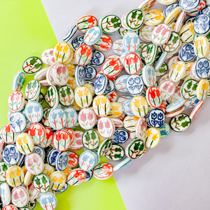 15mm Hand Painted Porcelain Tulip Flat Oval Strand