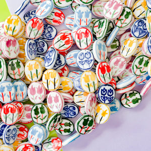 15mm Hand Painted Porcelain Tulip Flat Oval Strand