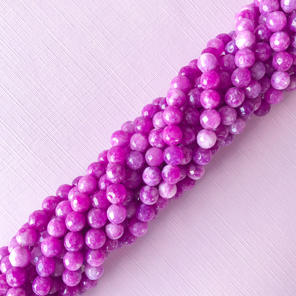 8mm Hot Lilac Faceted Dyed Jade Rounds Strand