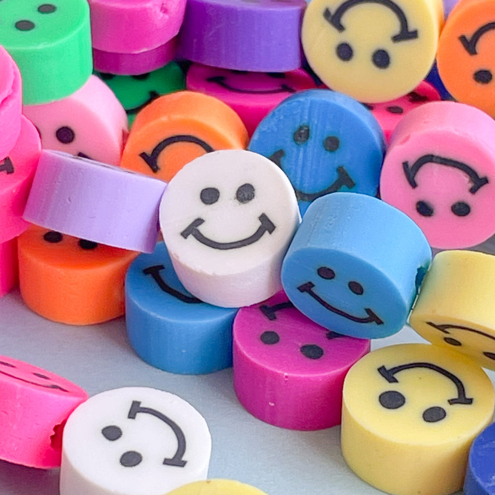 20 10MM YELLOW COLOURED FLAT ROUND EMOJI SMILE FACE POLYMER CLAY BEADS /  CRAFTS