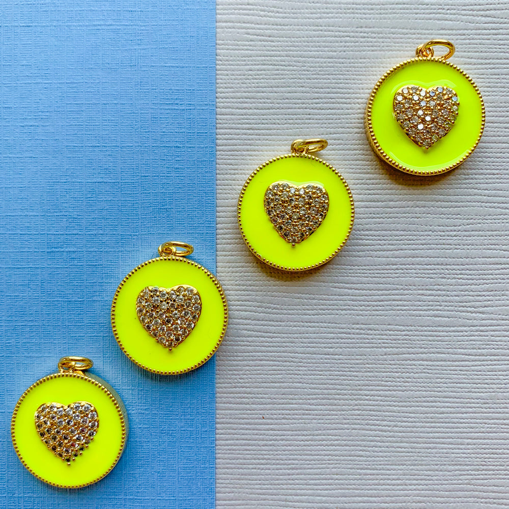 18mm Neon Yellow Pave Heart Charm