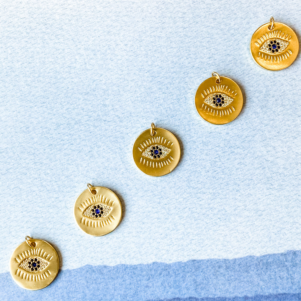 18mm Brushed Gold Electroplated Evil Eye Coin Charm