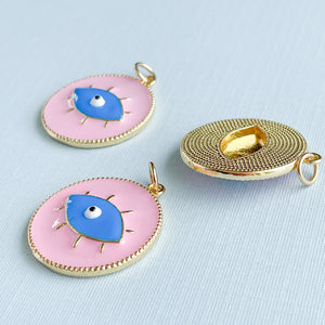 24mm Pink + Blue Enamel Evil Eye Coin Pendant