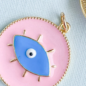 24mm Pink + Blue Enamel Evil Eye Coin Pendant