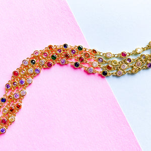 
                
                    Load image into Gallery viewer, 4mm Gold Plated Rainbow Multi Crystal Bezel Linked Chain
                
            