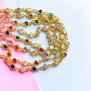 
                
                    Load image into Gallery viewer, 4mm Gold Plated Rainbow Multi Crystal Bezel Linked Chain
                
            