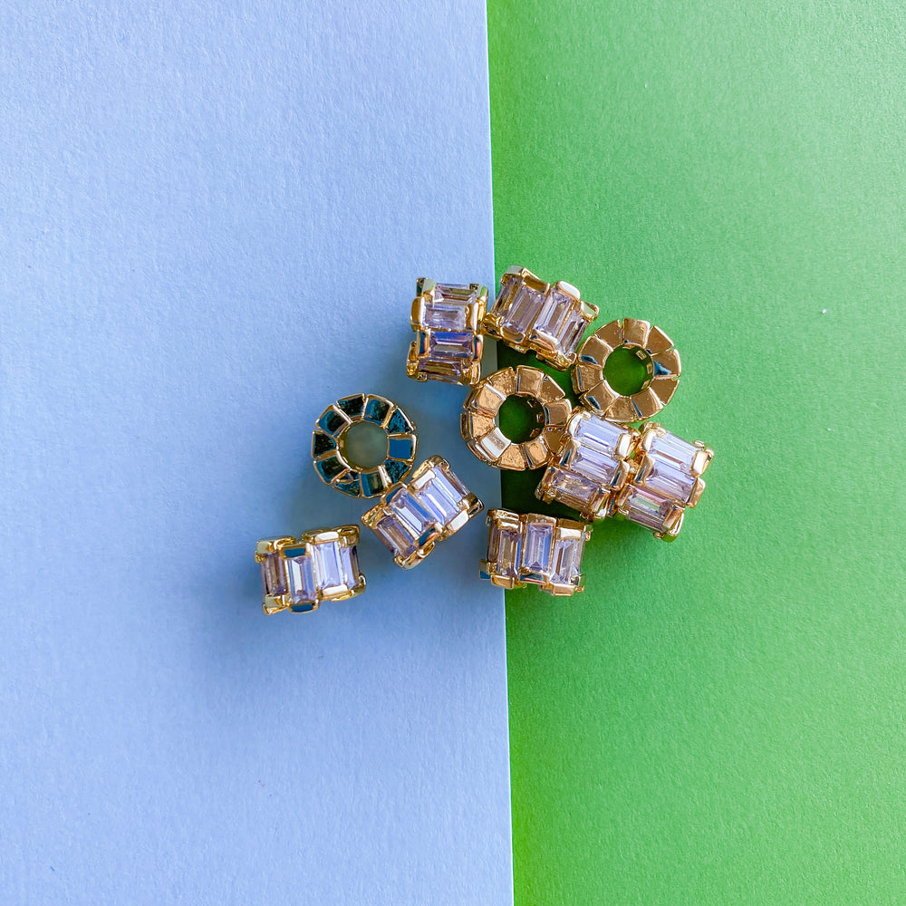 8mm Gold Pave Baguette Crystal Roller Rondelle Bead