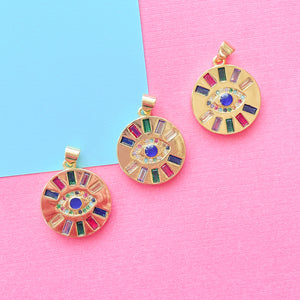 
                
                    Load image into Gallery viewer, 20mm Gold Multicolor Baguette Evil Eye Coin Charm
                
            