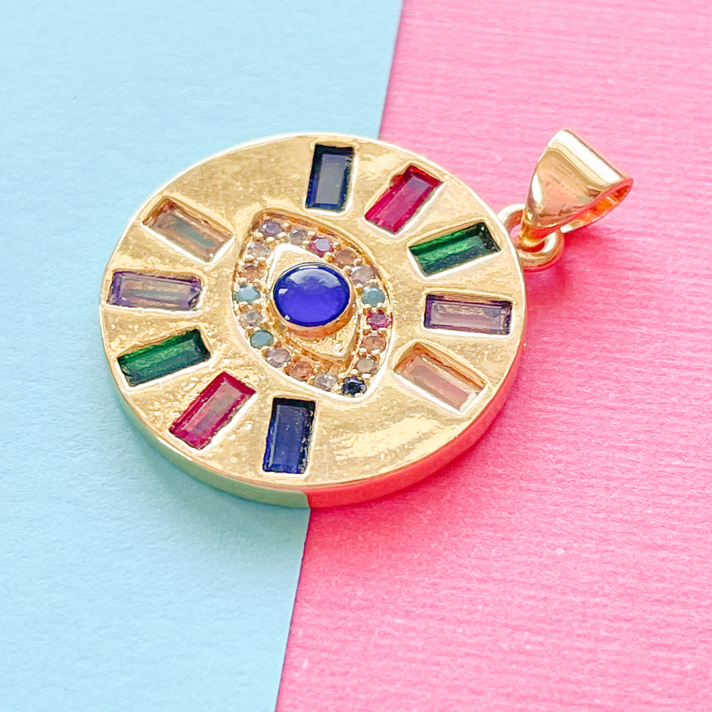 
                
                    Load image into Gallery viewer, 20mm Gold Multicolor Baguette Evil Eye Coin Charm
                
            