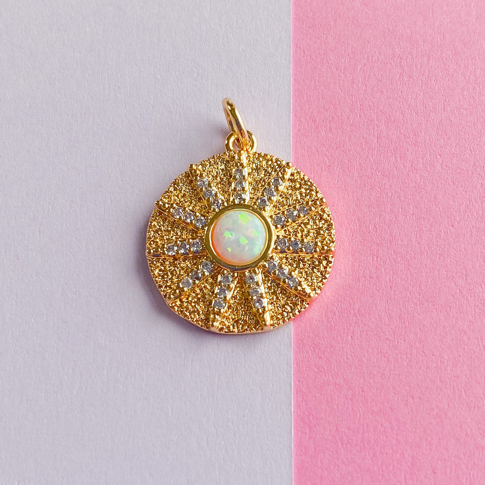 
                
                    Load image into Gallery viewer, 18mm Gold And Opal Pave Sunburst Coin Charm
                
            