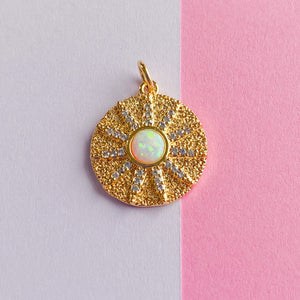 18mm Gold And Opal Pave Sunburst Coin Charm