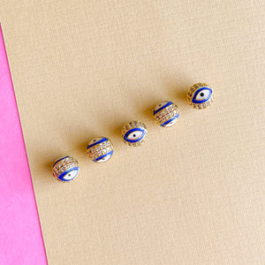 7mm Cobalt Pave Electroplated Gold Evil Eye Round Bead