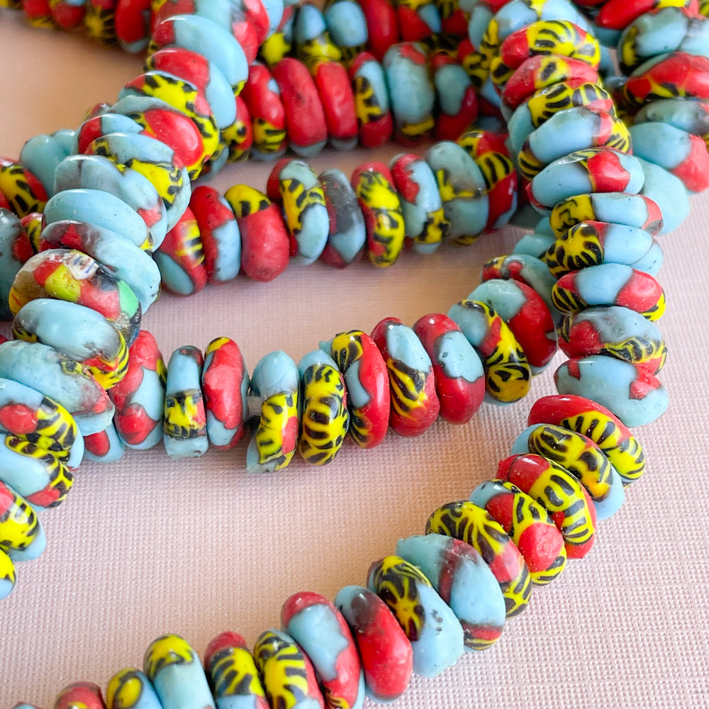 Lime Flat Ghana Glass Beads with Pink Clay