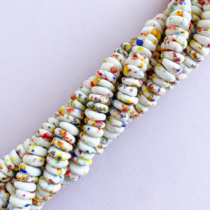 11mm Primary Speckle White Recycled Sandcast African Glass Rondelle Strand