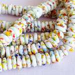 11mm Primary Speckle White Recycled Sandcast African Glass Rondelle Strand