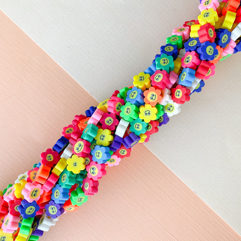 10mm Multicolor Flowery Smiley Polymer Strand