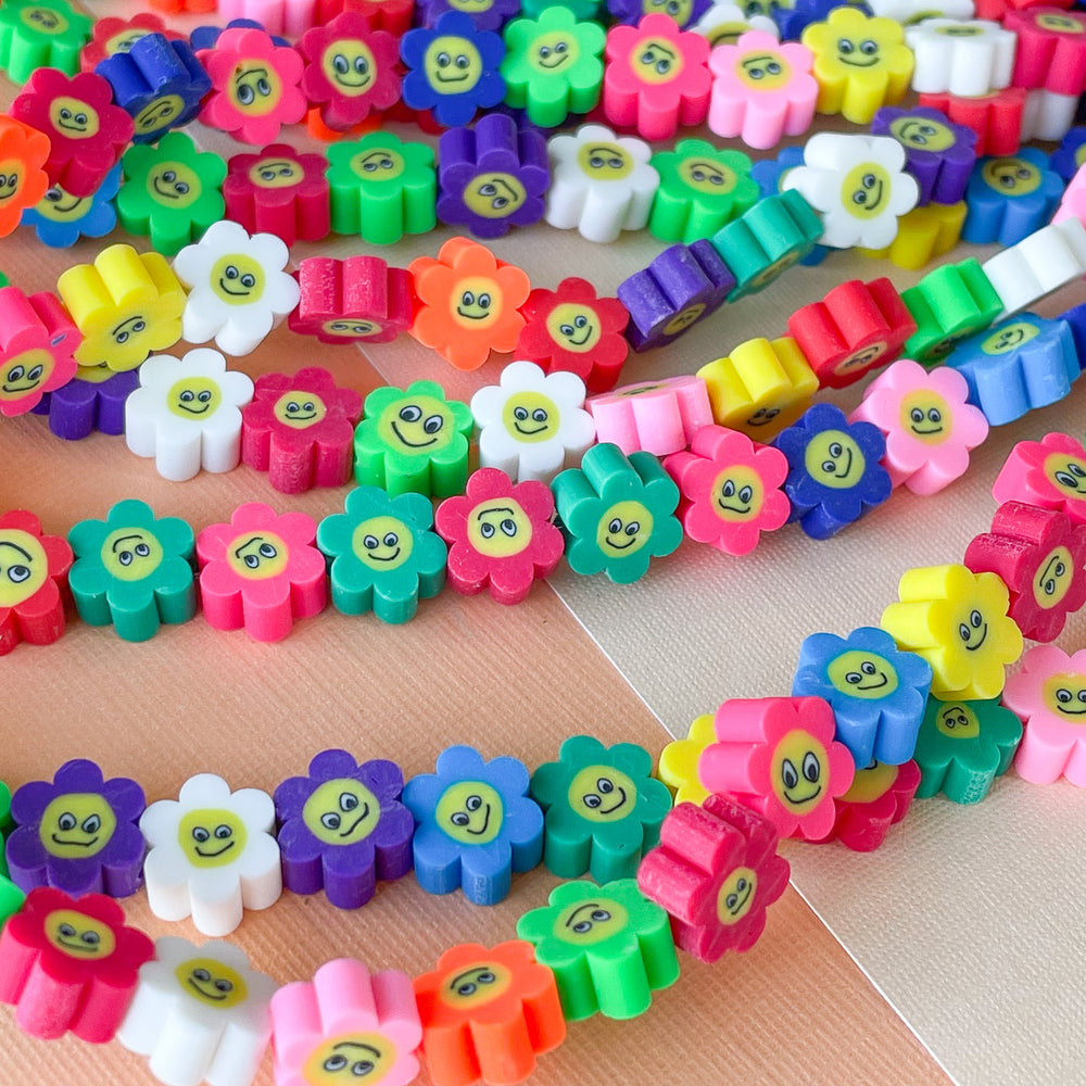 10mm Multicolor Flowery Smiley Polymer Strand