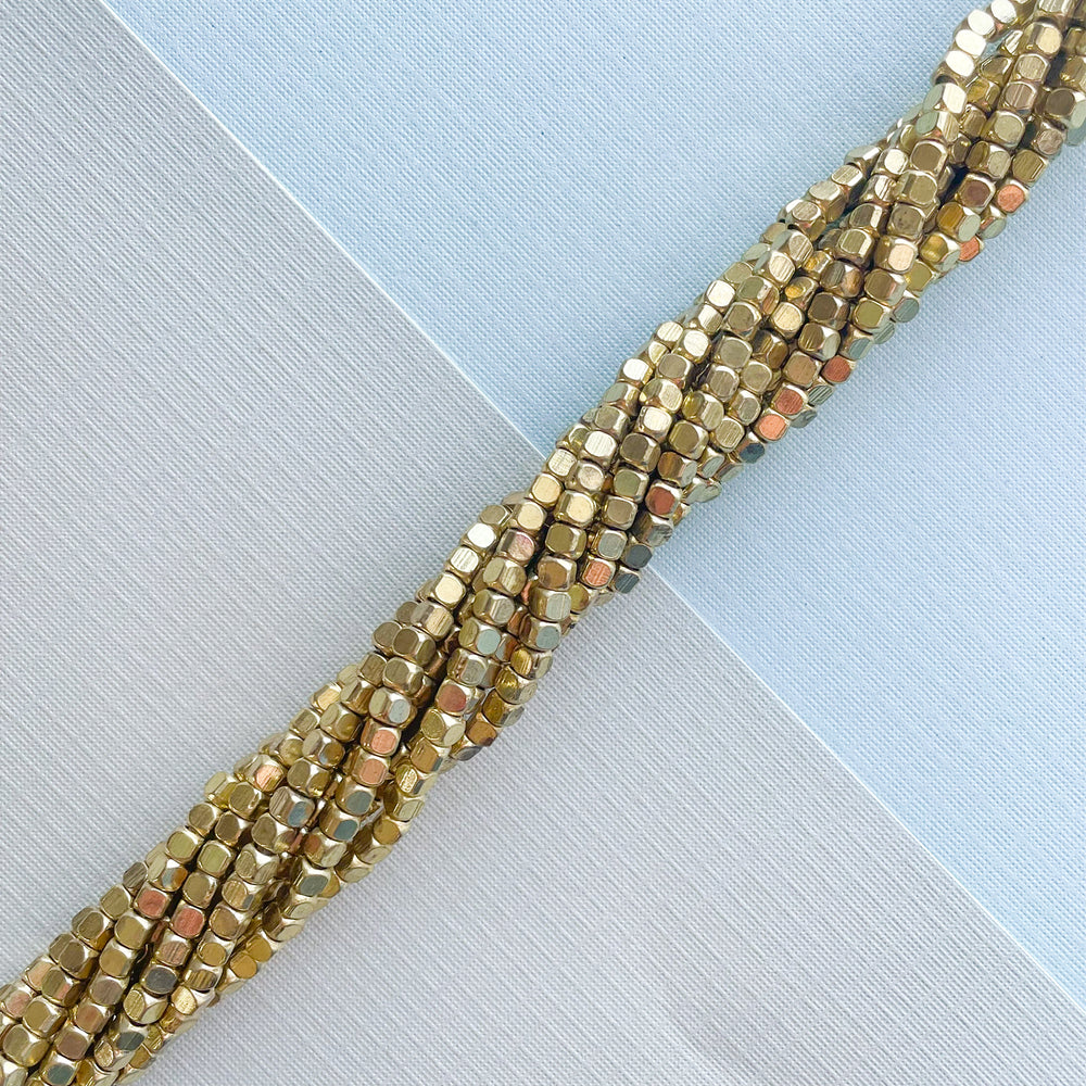 3mm Gold Faceted Brass Cube Strand