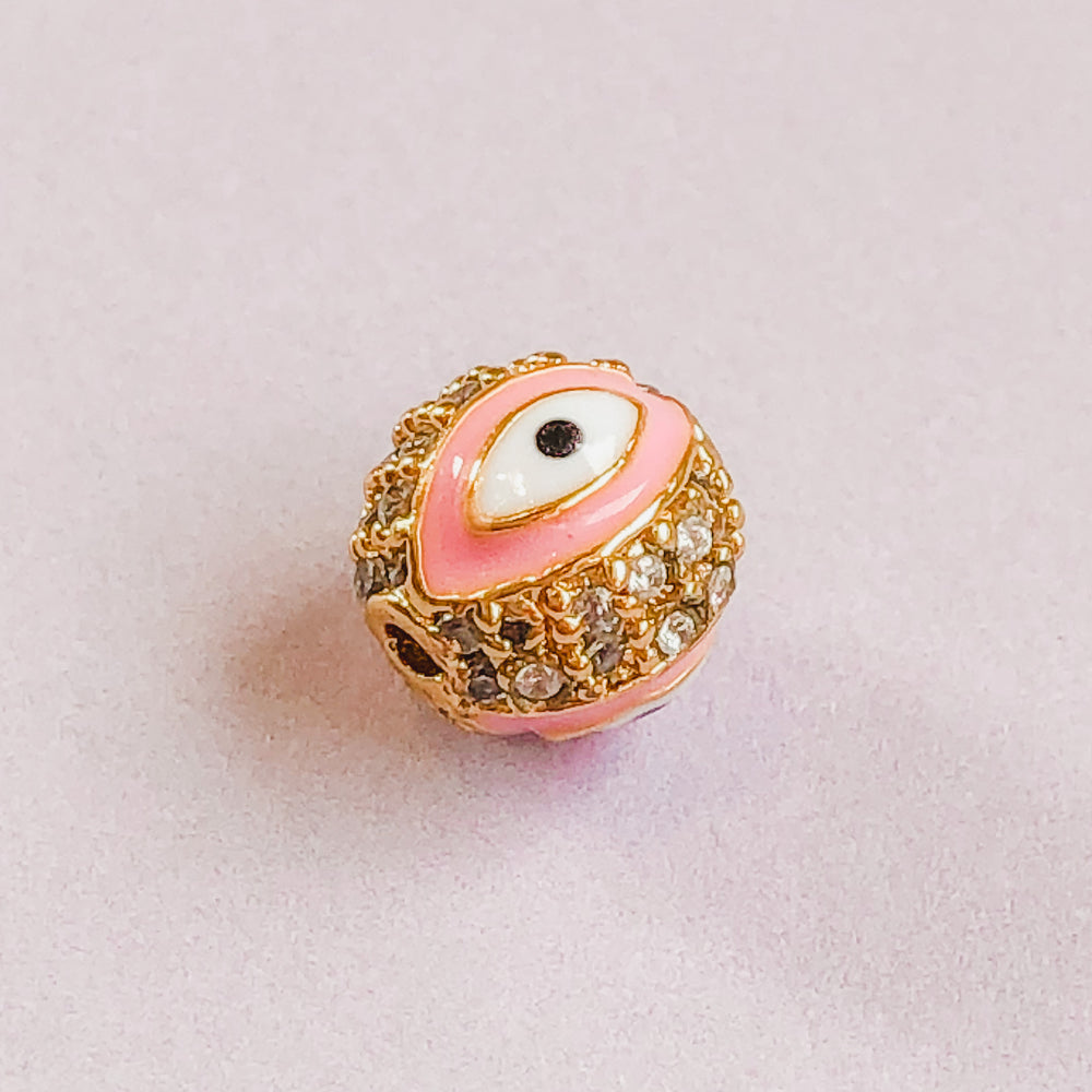 
                
                    Load image into Gallery viewer, 7mm Pink Electroplated Gold Pave Evil Eye Round Bead
                
            