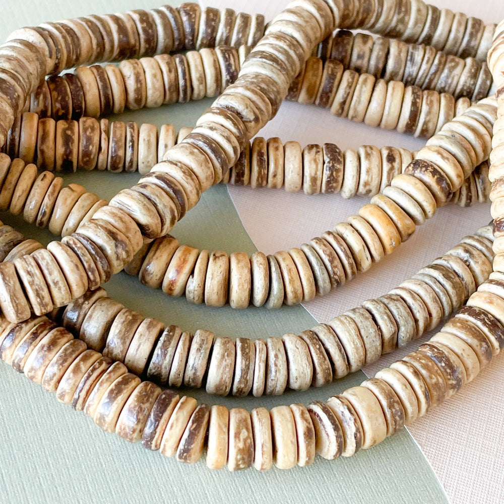 Shell Bead Heishi Bead Strands, Natural Beige Ivory Flat Shell