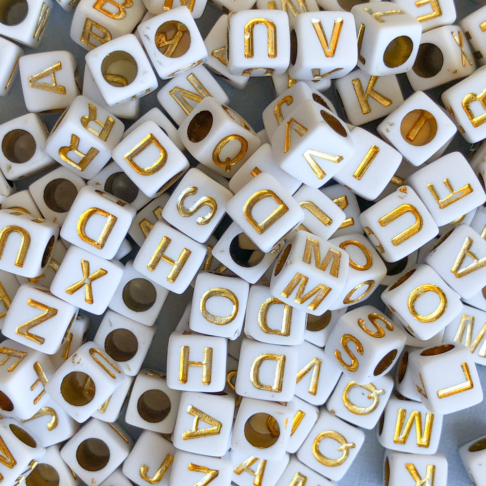 
                
                    Load image into Gallery viewer, 6mm Gold Letter Acrylic Cube Bead Pack
                
            