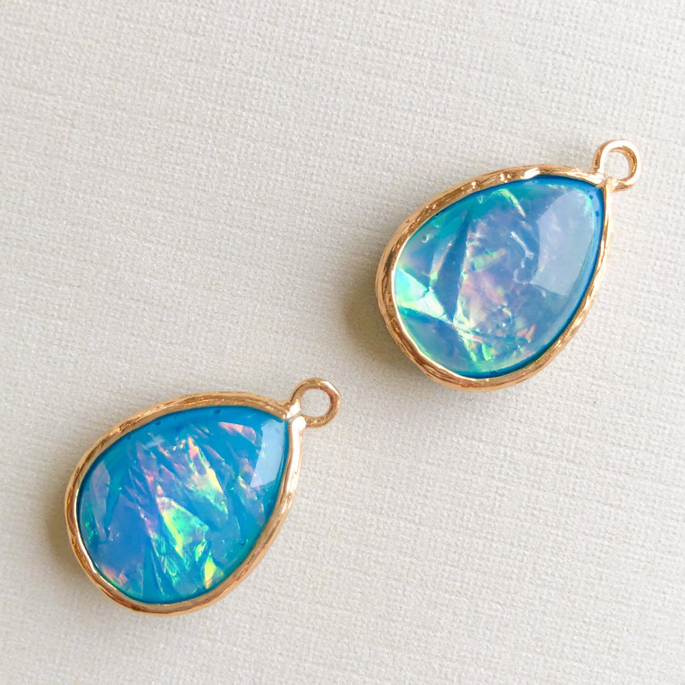 24mm Gold Plated Blue Dichroic Glass Teardrop Charm - 2 Pack