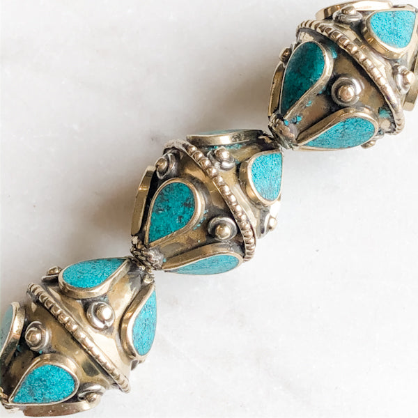 33mm Ornate Faux Turquoise and Tibetan Brass Bicone Bead - Christine White Style