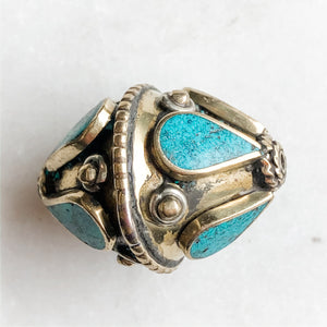 
                
                    Load image into Gallery viewer, 33mm Ornate Faux Turquoise and Tibetan Brass Bicone Bead - Christine White Style
                
            