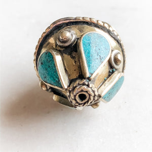 
                
                    Load image into Gallery viewer, 33mm Ornate Faux Turquoise and Tibetan Brass Bicone Bead - Christine White Style
                
            
