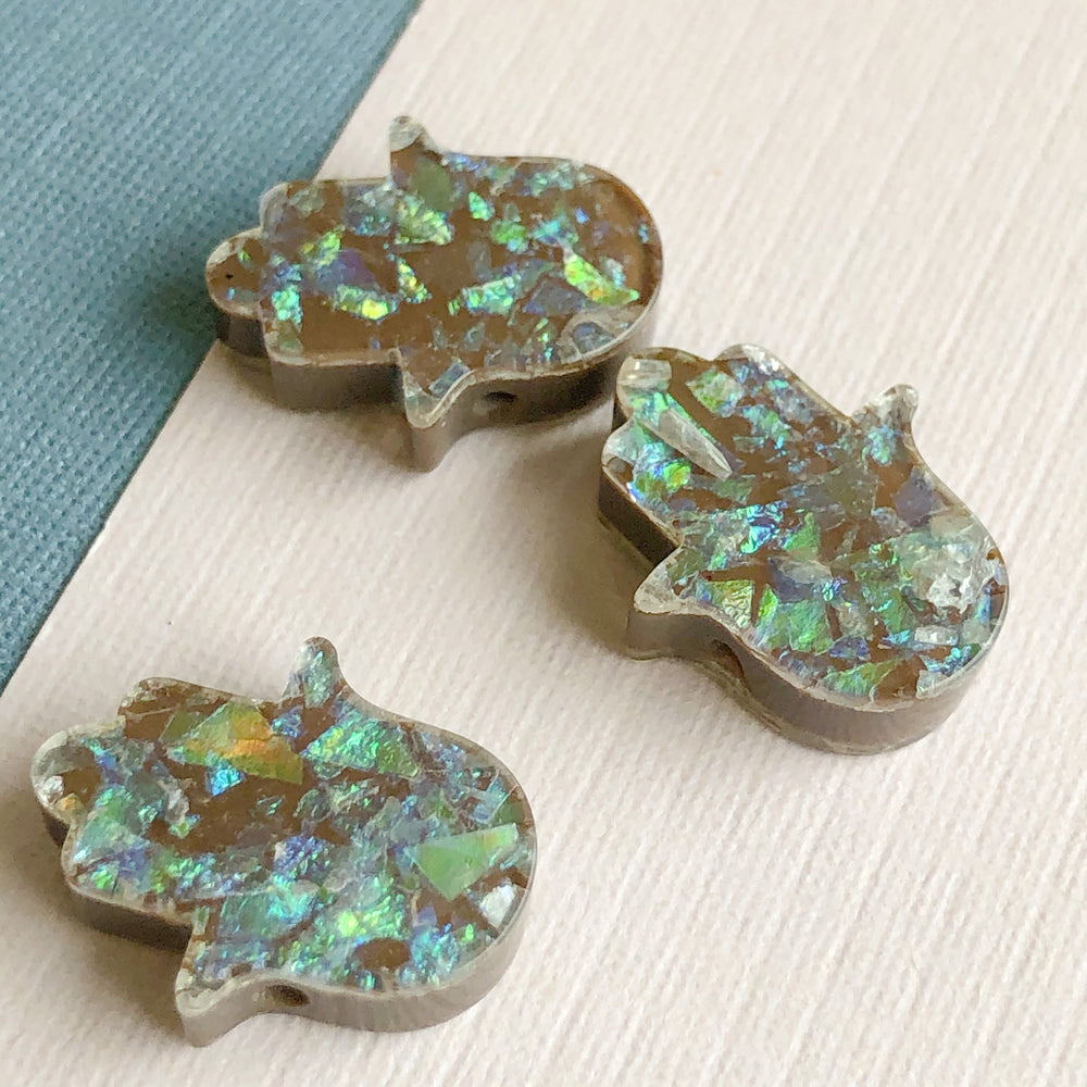 15mm Gray Synthetic Resin Opal Hamsa Hands - 3 Pack