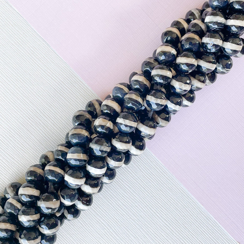 8mm Faceted Stripe DZI Agate Rounds Strand
