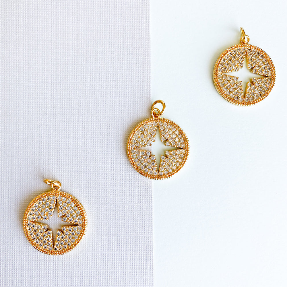 
                
                    Load image into Gallery viewer, 19mm Gold Plated Pave Starburst Coin Charm
                
            