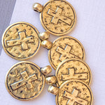 16mm Gold Pewter Hammered Cross Coin Charm - 6 Pack
