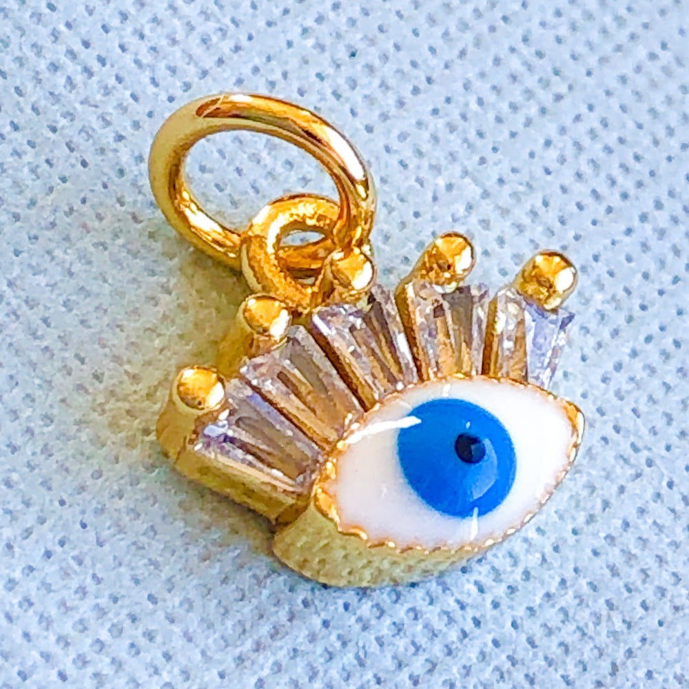 10mm White + Blue Long Lash Evil Eye Gold Plated Charm