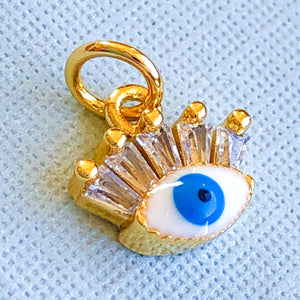 
                
                    Load image into Gallery viewer, 10mm White + Blue Long Lash Evil Eye Gold Plated Charm
                
            