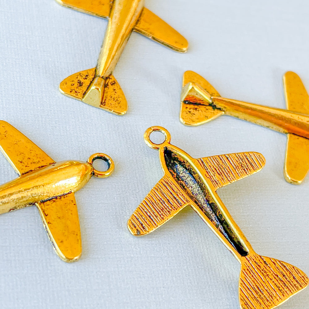35mm Gold Pewter Airplane Charm - 4 Pack