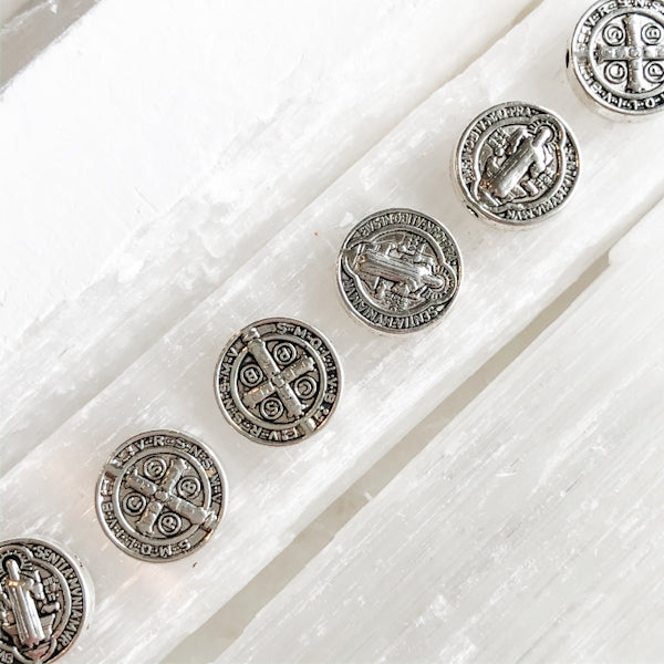 10mm Detailed St. Benedict Silver Coin Beads - 6 Pack - Christine White Style