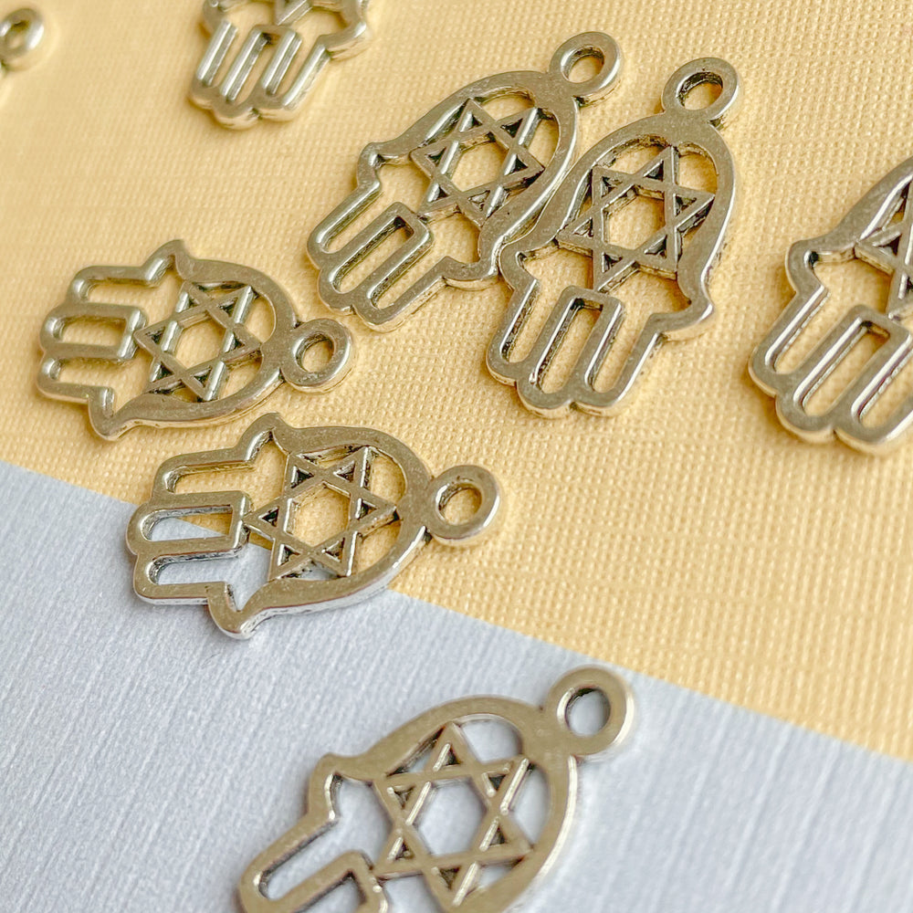 
                
                    Load image into Gallery viewer, 20mm Silver Pewter Hamsa Star of David Charm - 10 Pack
                
            