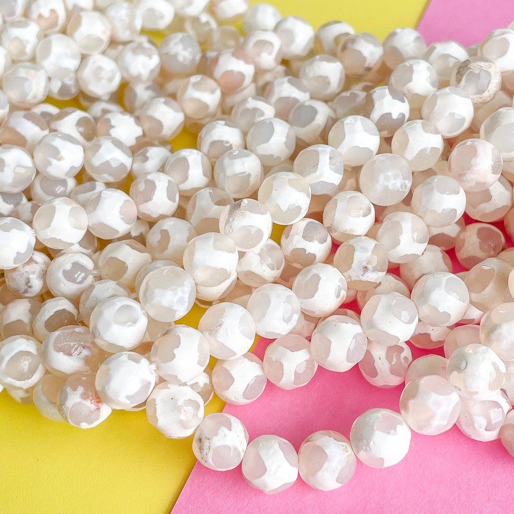 8mm Faceted White DZI Agate Asymmetrical Rounds Strand