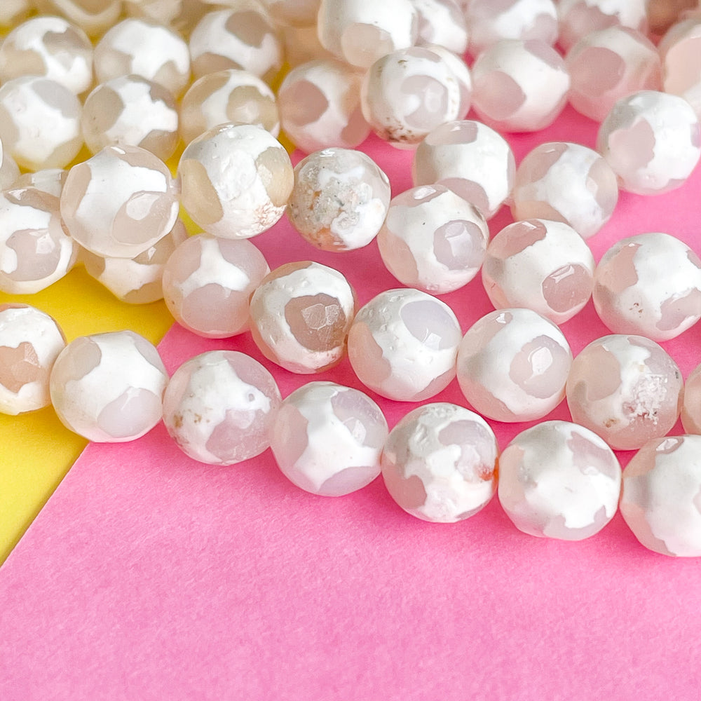 8mm Faceted White DZI Agate Asymmetrical Rounds Strand