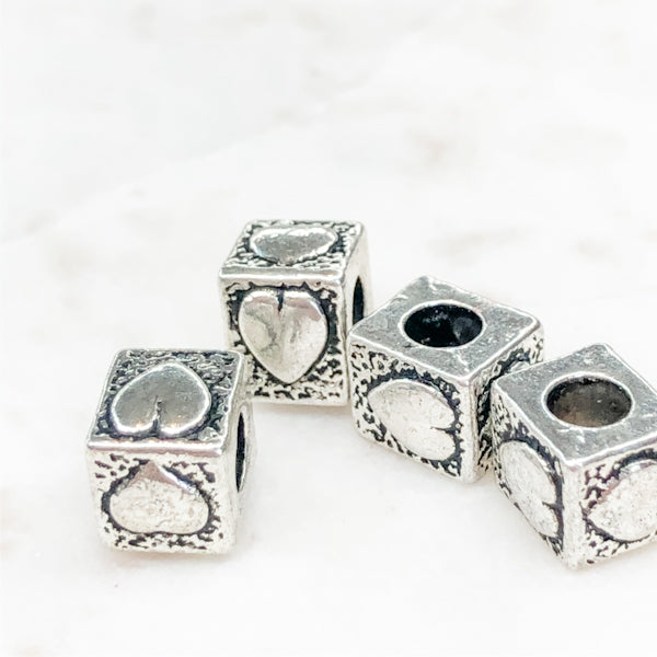 10mm Pewter Heart Cube Bead - 4 Pack - Christine White Style