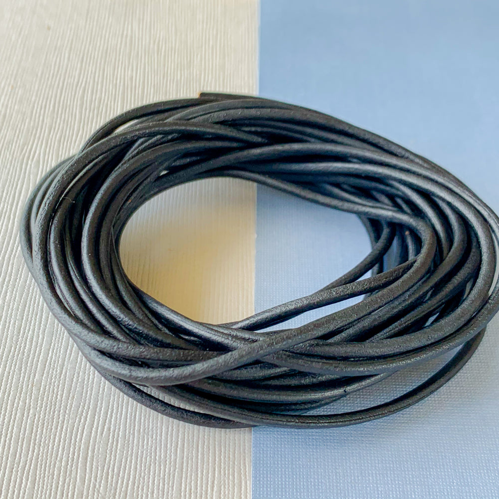2mm Black Round Leather Cord - 15'