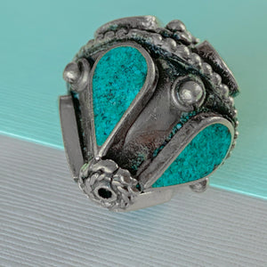 
                
                    Load image into Gallery viewer, 33mm Ornate Faux Turquoise and Tibetan Silver Bicone Bead, Pack of 2
                
            