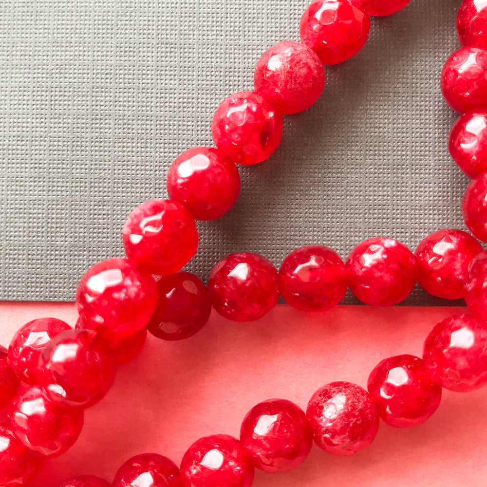 7mm Rich Red Faceted Dyed Jade Strand