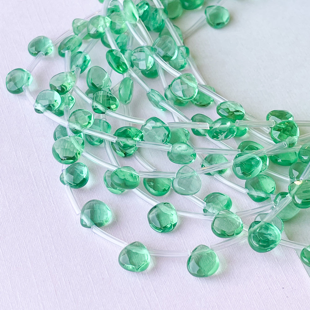7mm Green Glass Faceted Faceted Briolette Flat Strand